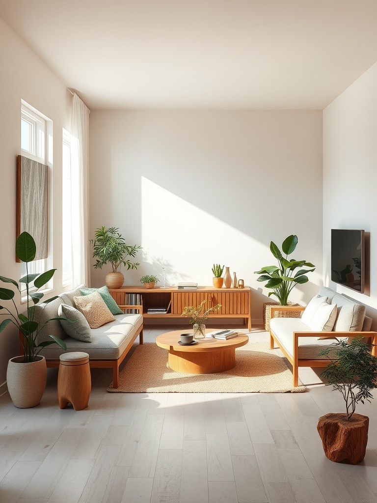 A serene living room with wooden furniture, plants, and natural light.