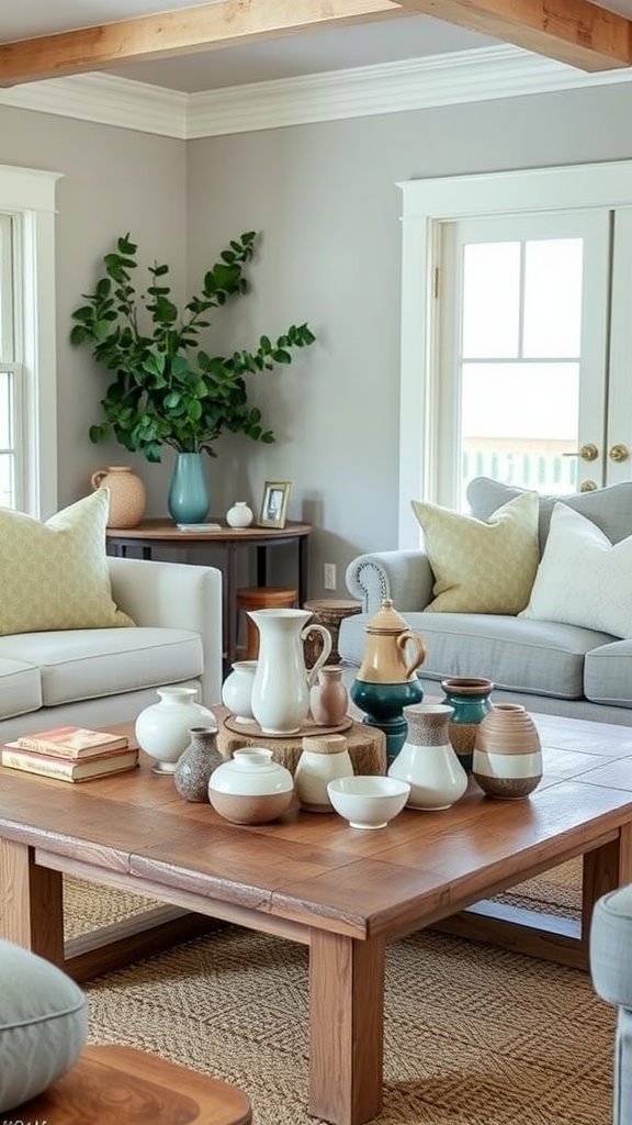 Living room with a reclaimed wood coffee table displaying various slip pottery and cozy furniture