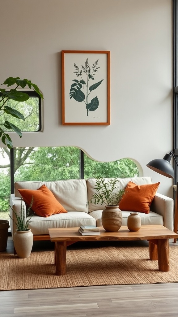 A cozy Japandi living room featuring a beige sofa with orange cushions, a wooden coffee table, and potted plants