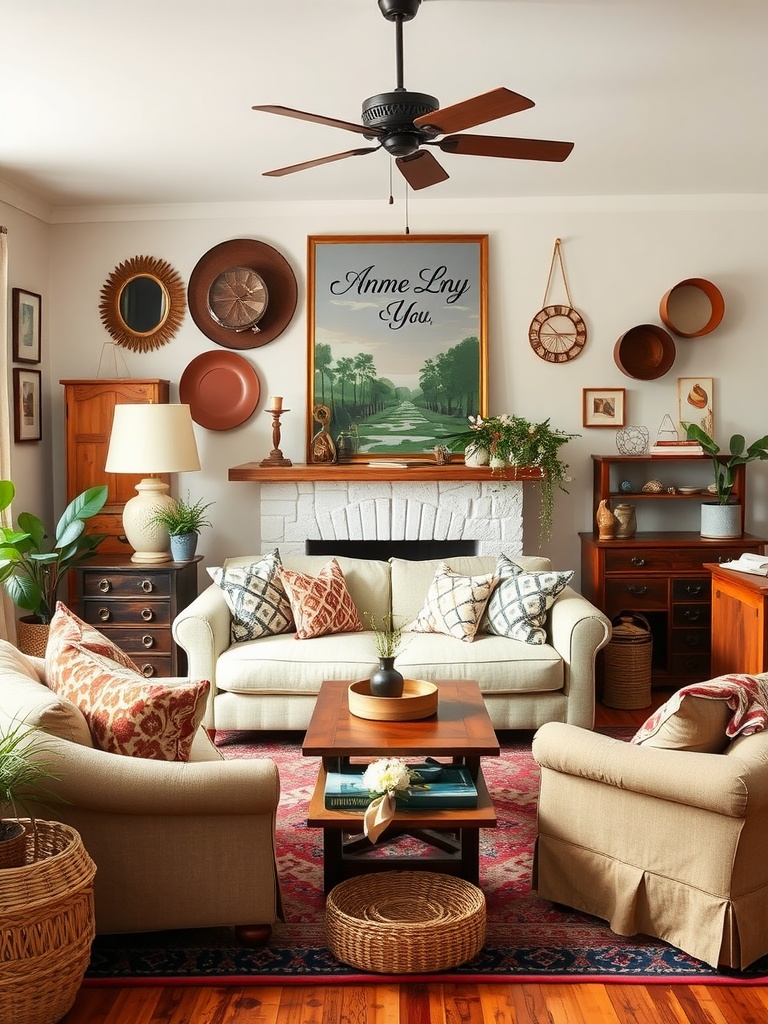 A cozy boho farmhouse living room featuring neutral sofas with colorful pillows, an artistic landscape above the mantle, and natural decor elements like plants and woven baskets.