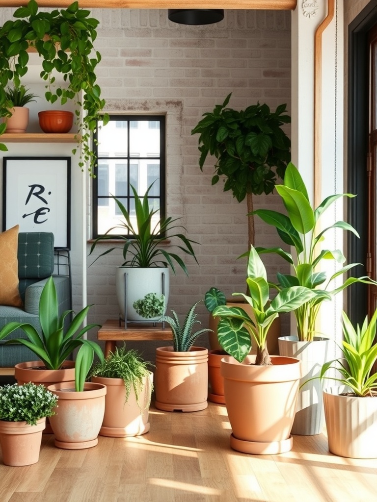 An industrial farmhouse living room with various plants in pots, natural light flowing in, and a cozy atmosphere.