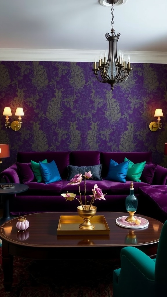 A stylish living room featuring jewel-toned furniture with a purple sofa and colorful pillows.