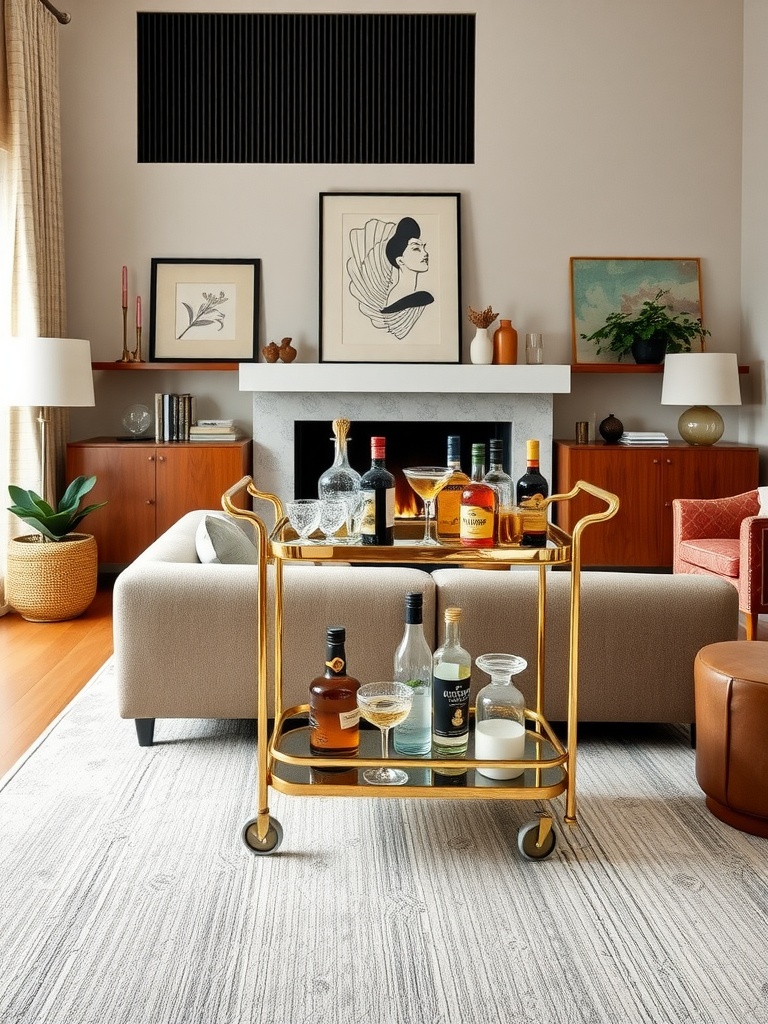 A mid-century modern living room featuring a stylish bar cart with various alcohol bottles, surrounded by warm wooden furniture and artistic decorations.