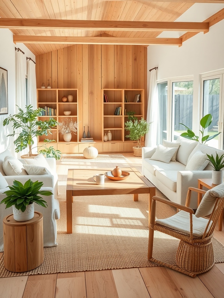 A cozy living room featuring natural wood walls and ceiling, white linen sofas, and indoor plants, with a wooden coffee table and jute rug.