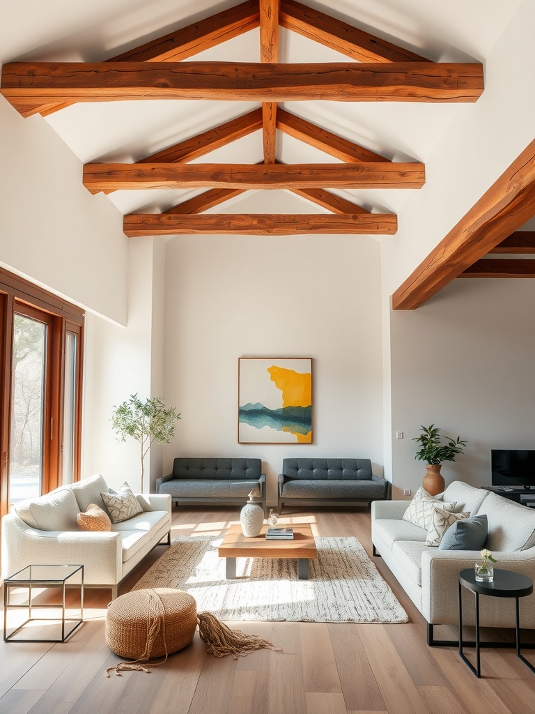 A modern living room featuring exposed wooden beams, neutral furniture, a textured rug, and colorful artwork.