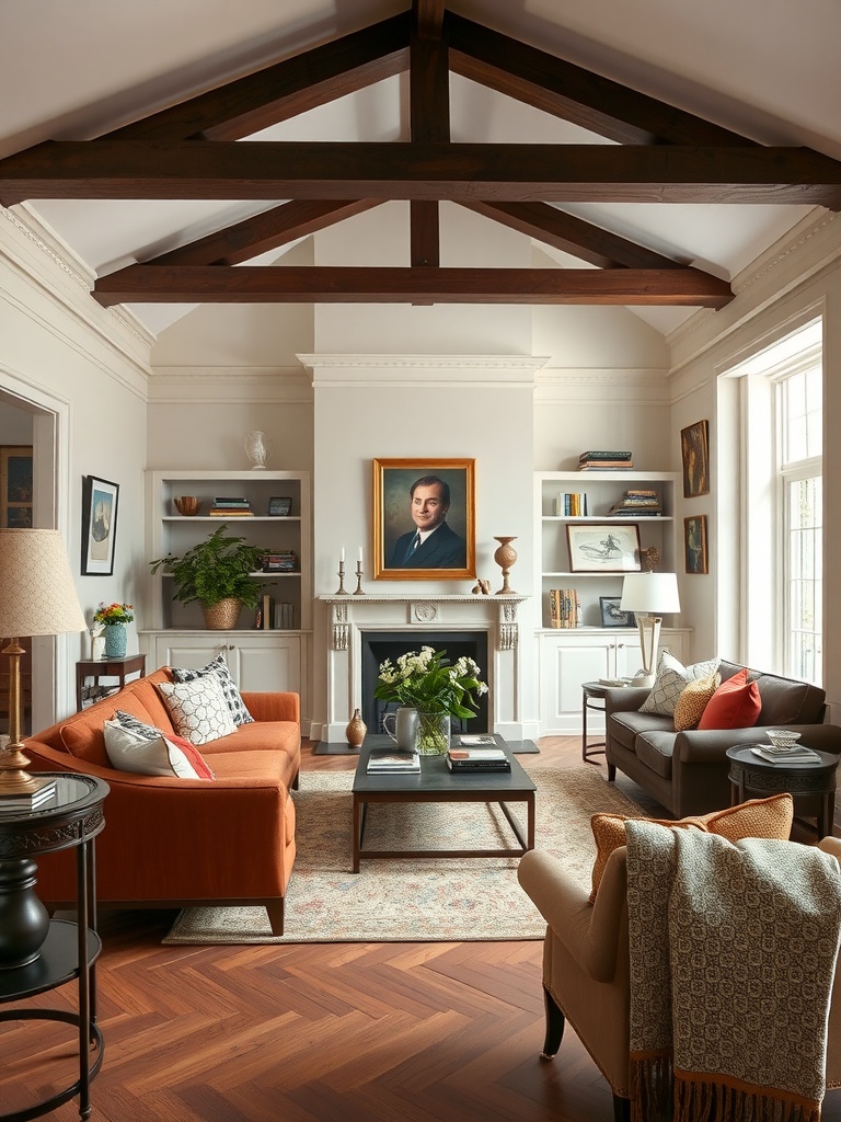 A cozy living room featuring wooden beams, neutral sofas with cushions, a fireplace, and elegant artwork on the wall.