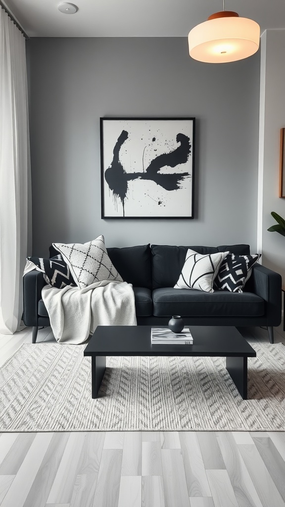 Chic black-and-white Japandi living room with a black couch, abstract wall art, and wooden flooring.