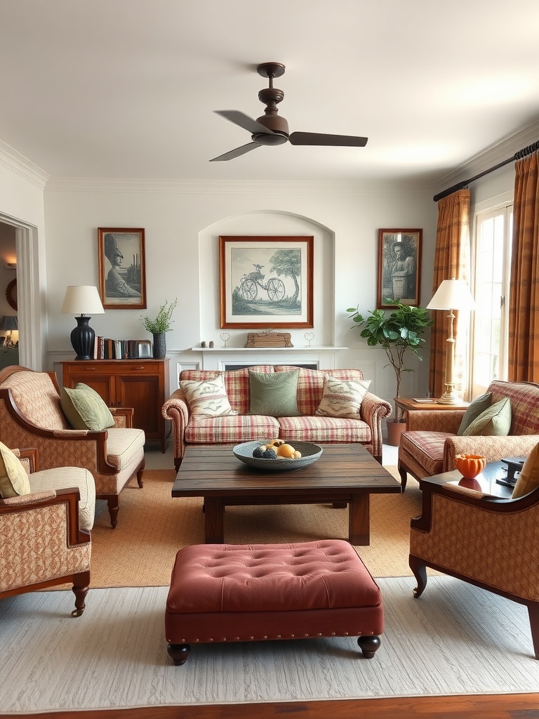 Earthy traditional living room with plaid sofa, wooden coffee table, and vintage artwork.