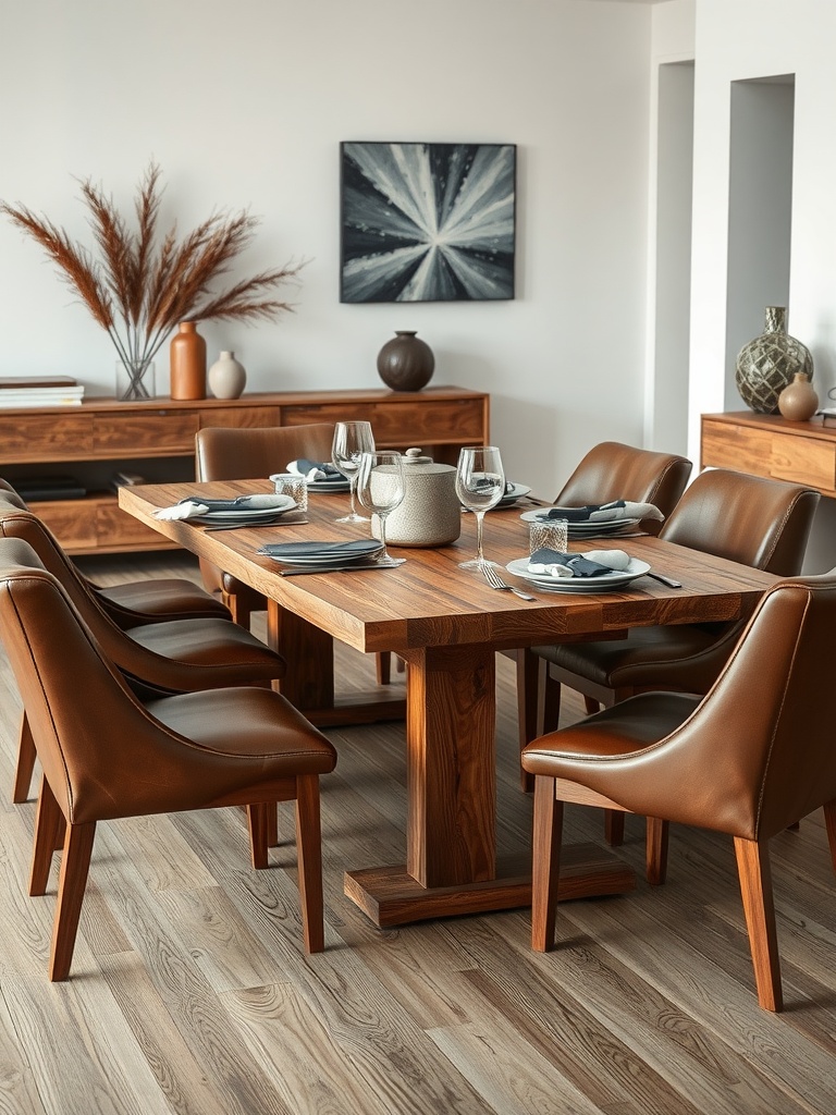 A modern dining area featuring a rustic wooden table with inviting brown leather chairs, ready for a gathering.