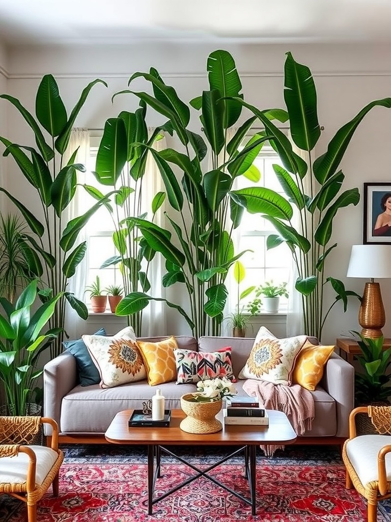 A cozy boho living room featuring tall plants as dividers, a brown sofa, colorful pillows, and decorative elements.