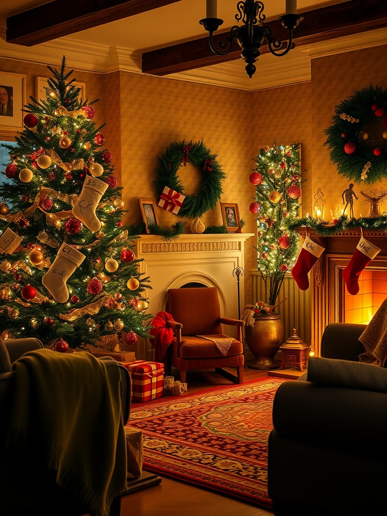 A beautifully decorated English living room for Christmas with a festive tree, stockings, and a warm fireplace.