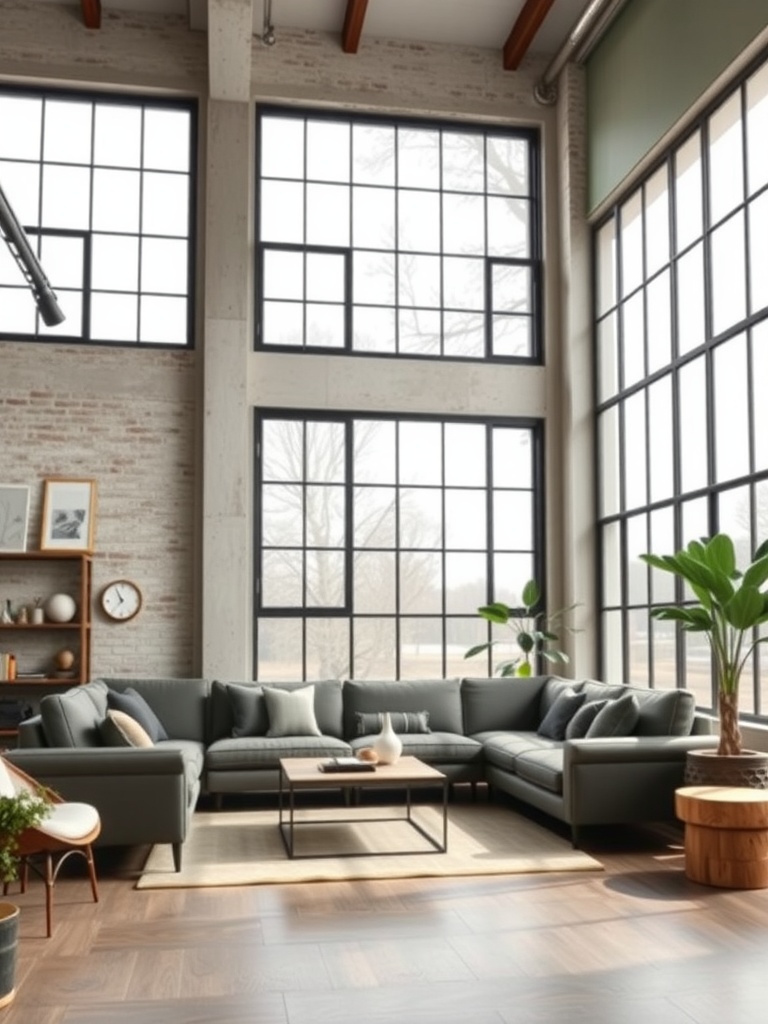 A spacious living room featuring large industrial windows, a cozy sectional sofa, and wooden accents.