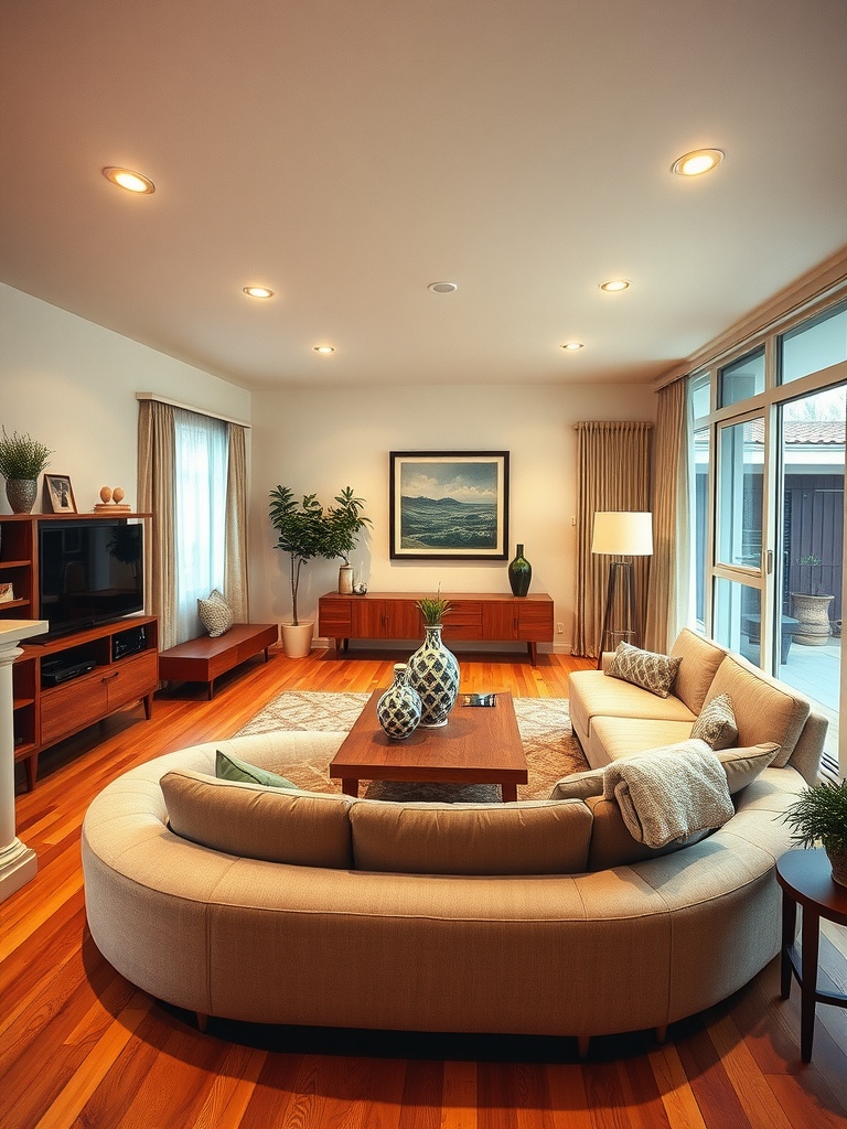 Mid-century modern living room featuring a sunken seating area with a curved sofa, warm wood floors, and large windows.