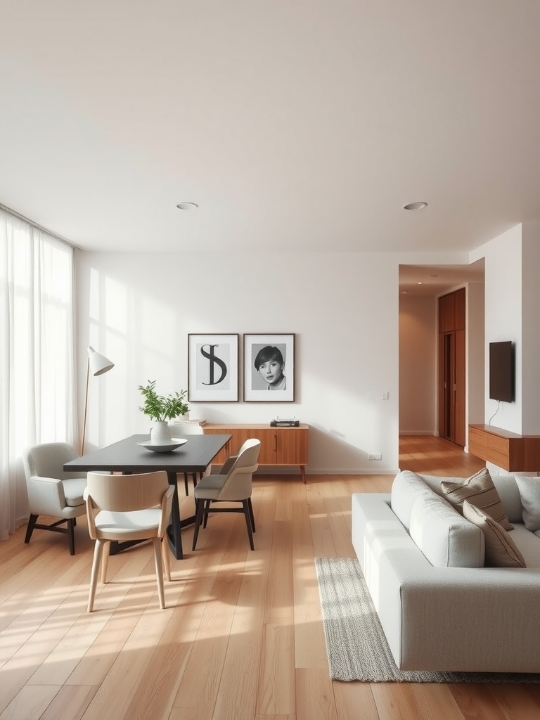 Minimalist living room and dining room combo with clean lines and elegant design.