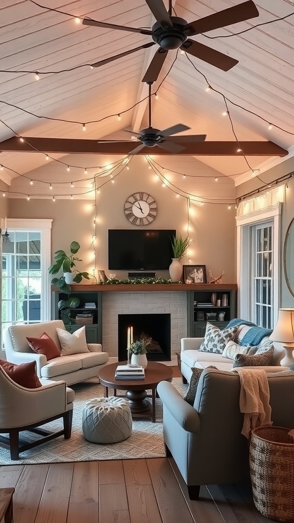 Cozy coastal farmhouse living room with string lights, featuring comfortable seating and a fireplace.