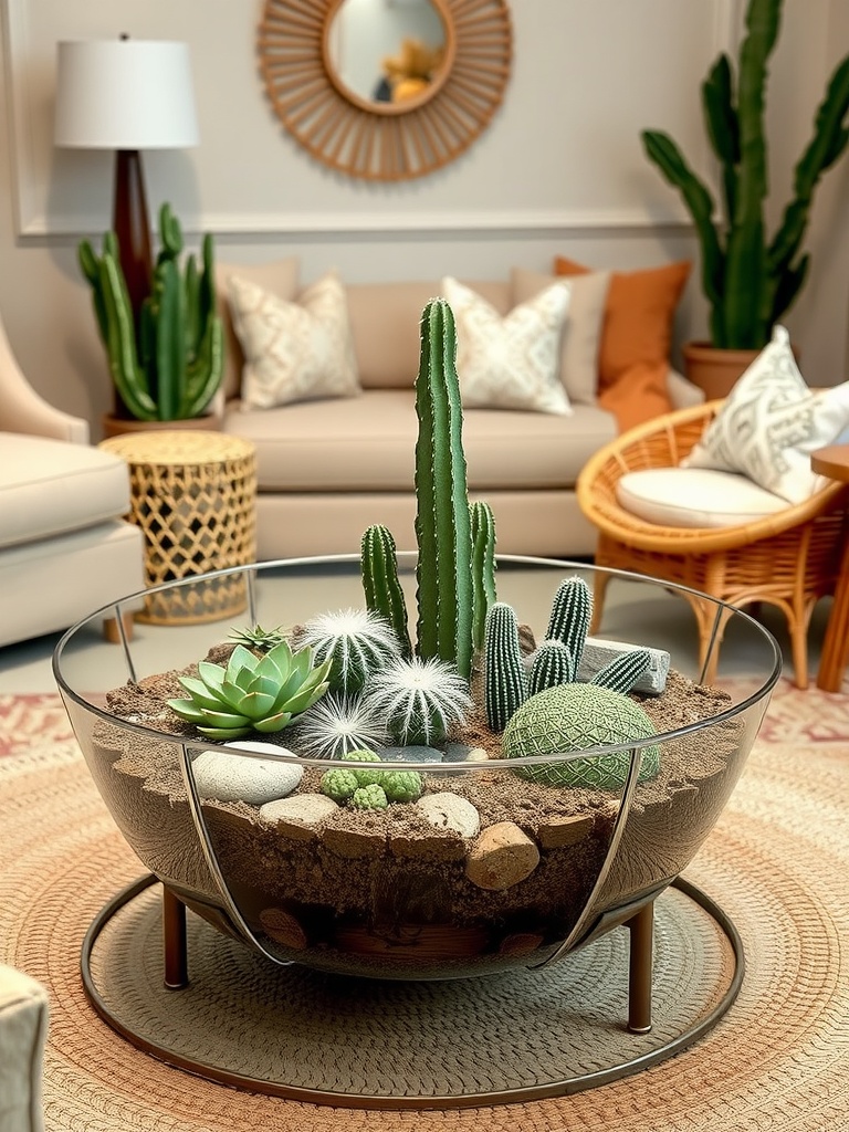 A terrarium coffee table filled with cacti and succulents, surrounded by bohemian-style decor.