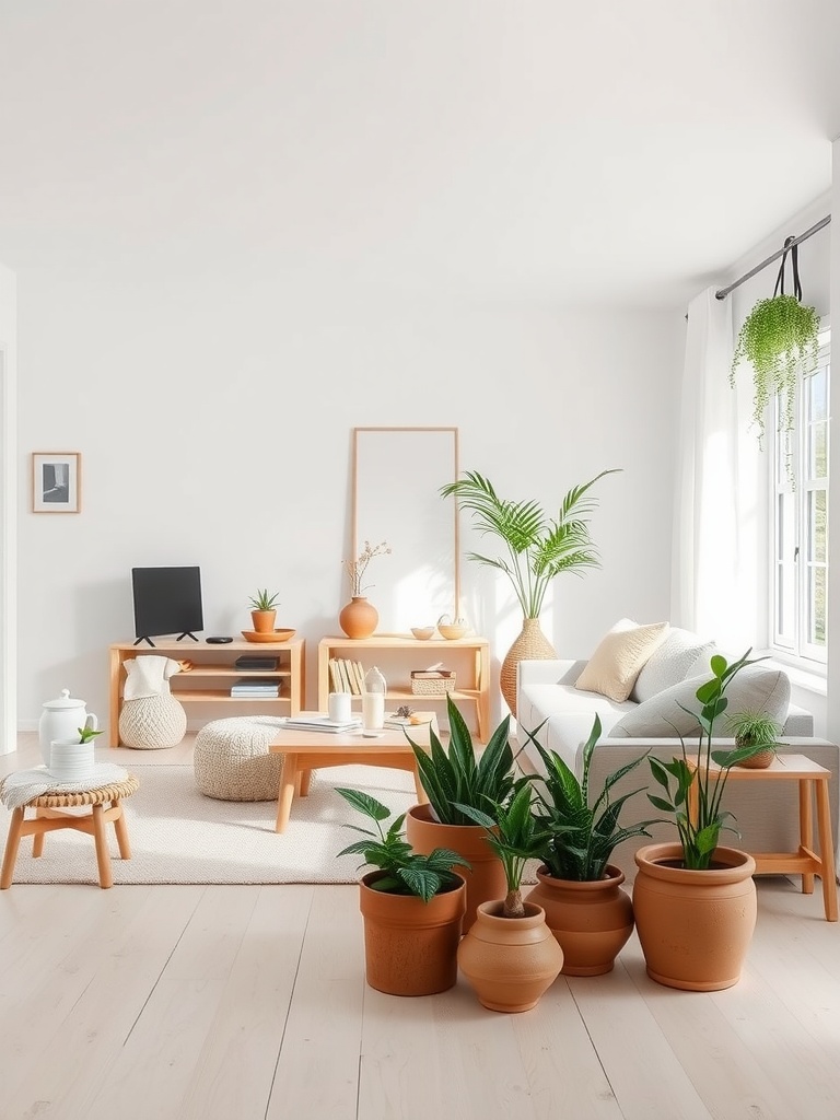 Earthy Scandinavian living room featuring clay pots and greenery