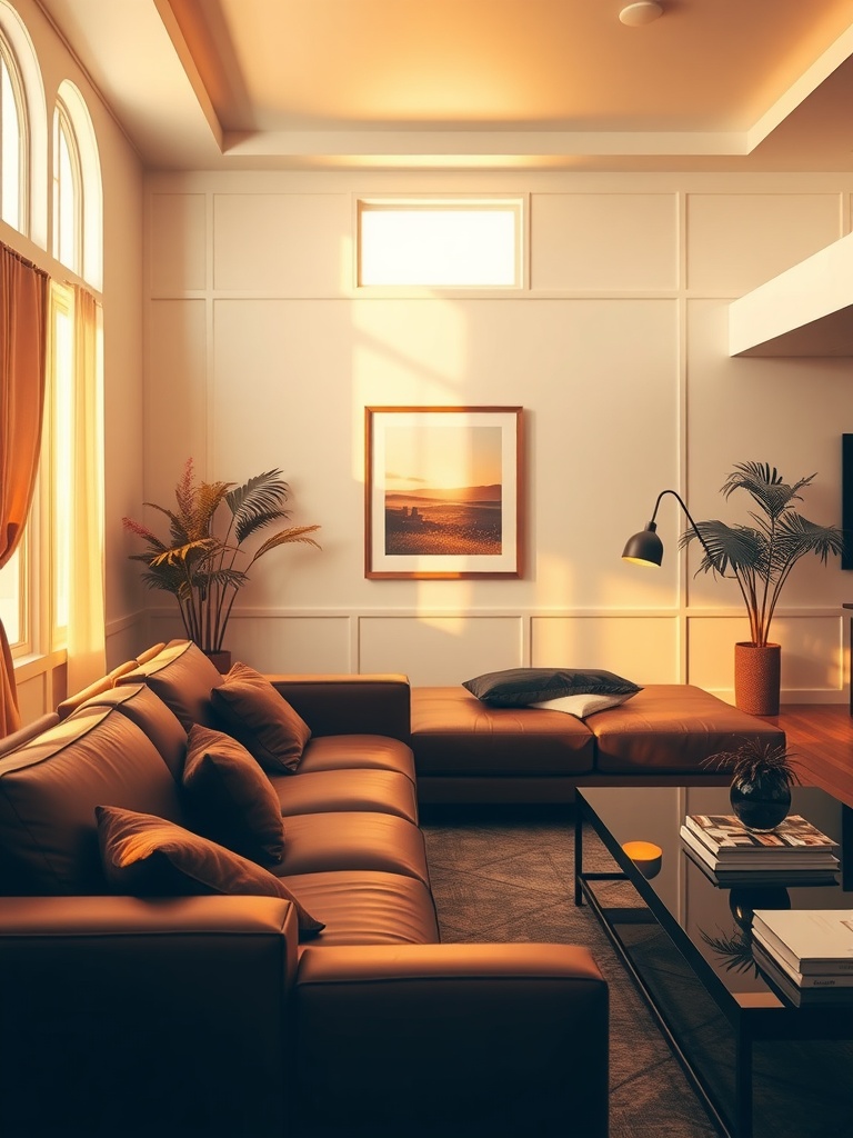 Modern leather sofa in a brown and white living room with natural light