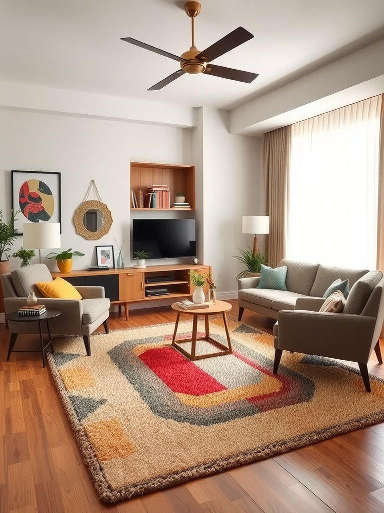 Mid-century modern living room featuring a colorful statement rug, gray sofas, and stylish decor.