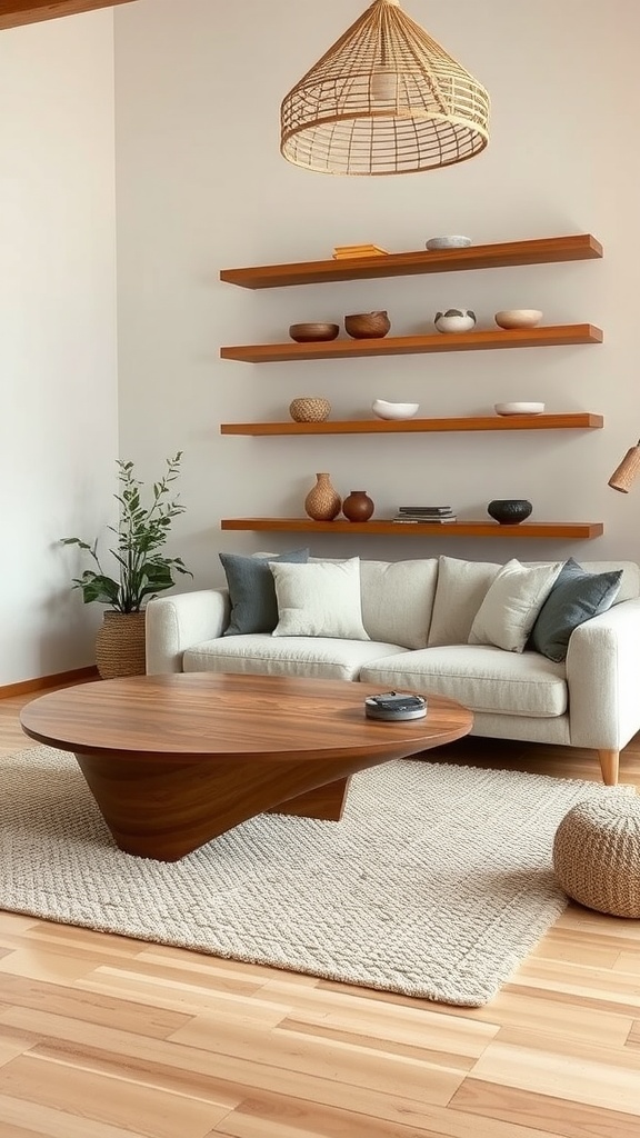 A cozy Japandi living room featuring a cream sofa, unique wood coffee table, open shelves with decorative items, and a rattan pendant light.