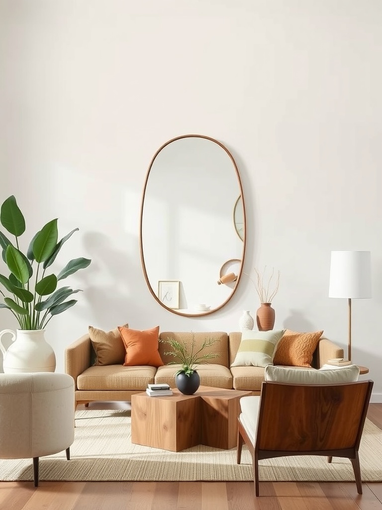 A modern living room featuring an oval organic mirror above a cozy sofa with decorative cushions and plants.