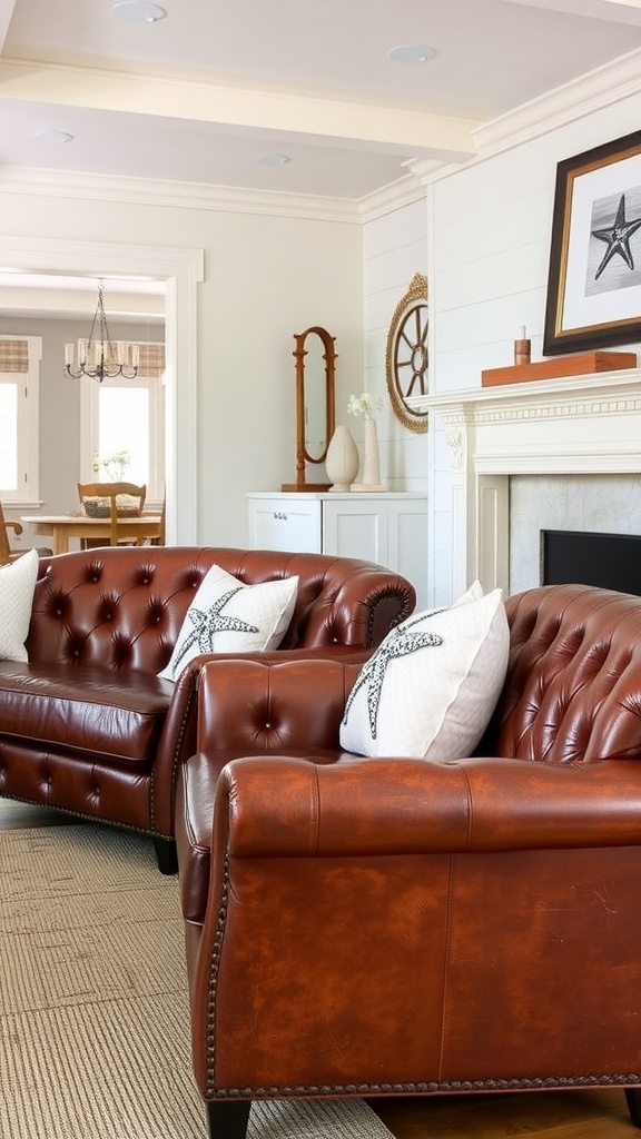 A cozy coastal living room featuring distressed leather seating and starfish-shaped pillows.