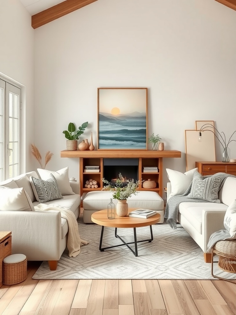 A serene boho farmhouse living room with soft sofas, wooden accents, and a calming landscape painting.