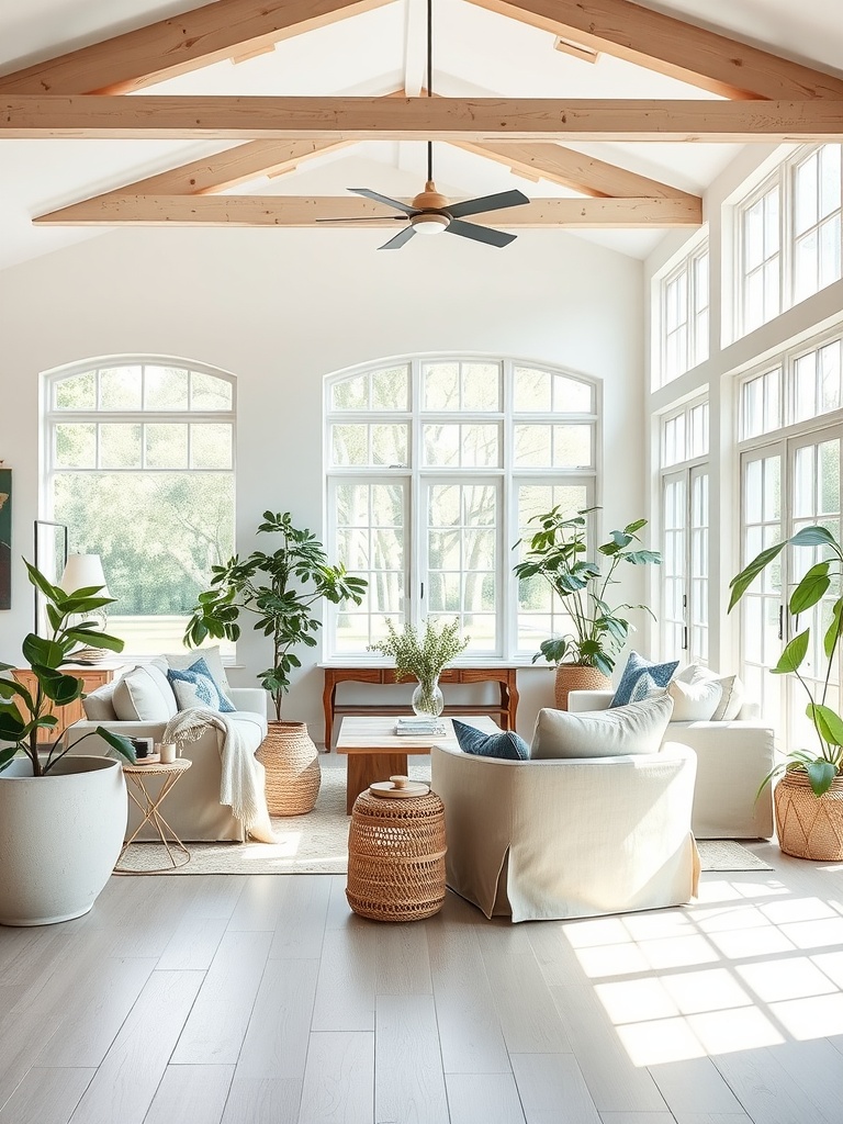 A bright and airy farmhouse living room featuring large windows, high wooden ceilings, plants, and cozy seating arrangements.