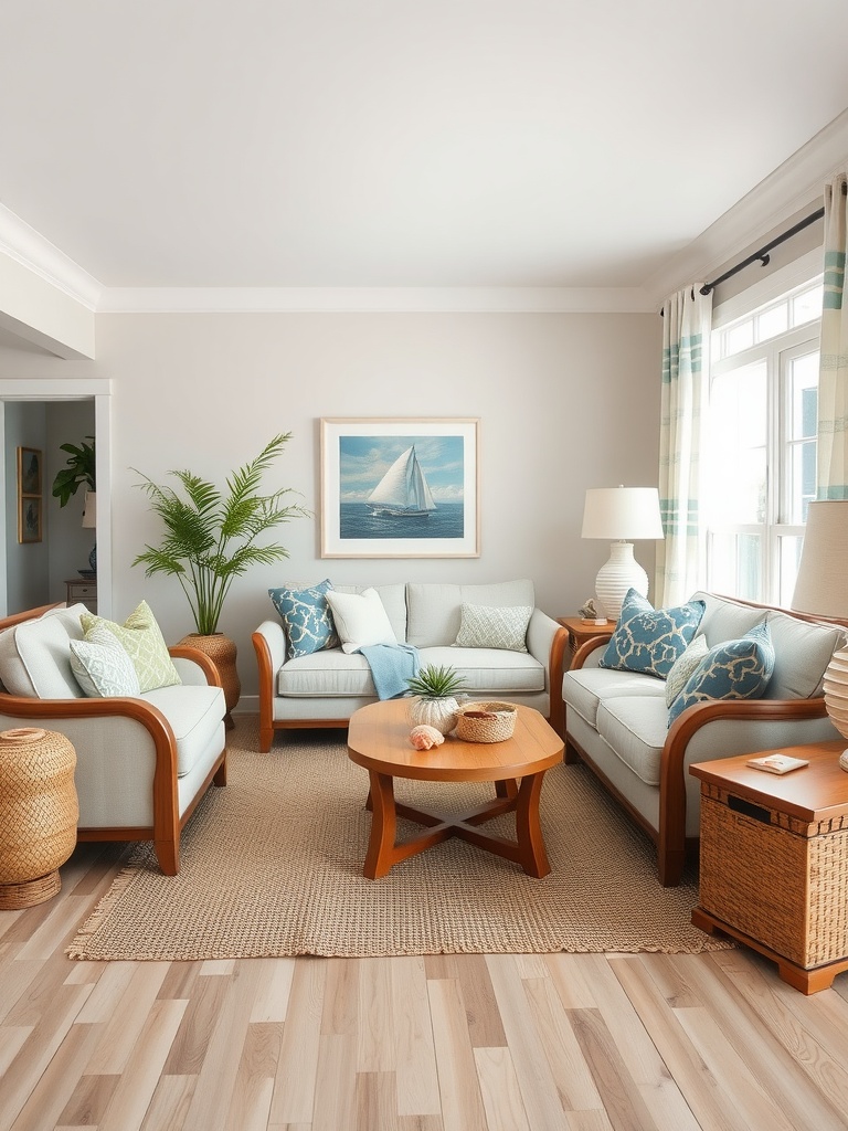 Coastal earthy living room with light furniture, colorful cushions, and plants