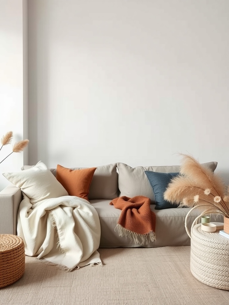 A cozy living room featuring a neutral sofa with warm blankets and pillows, complemented by natural decor elements.