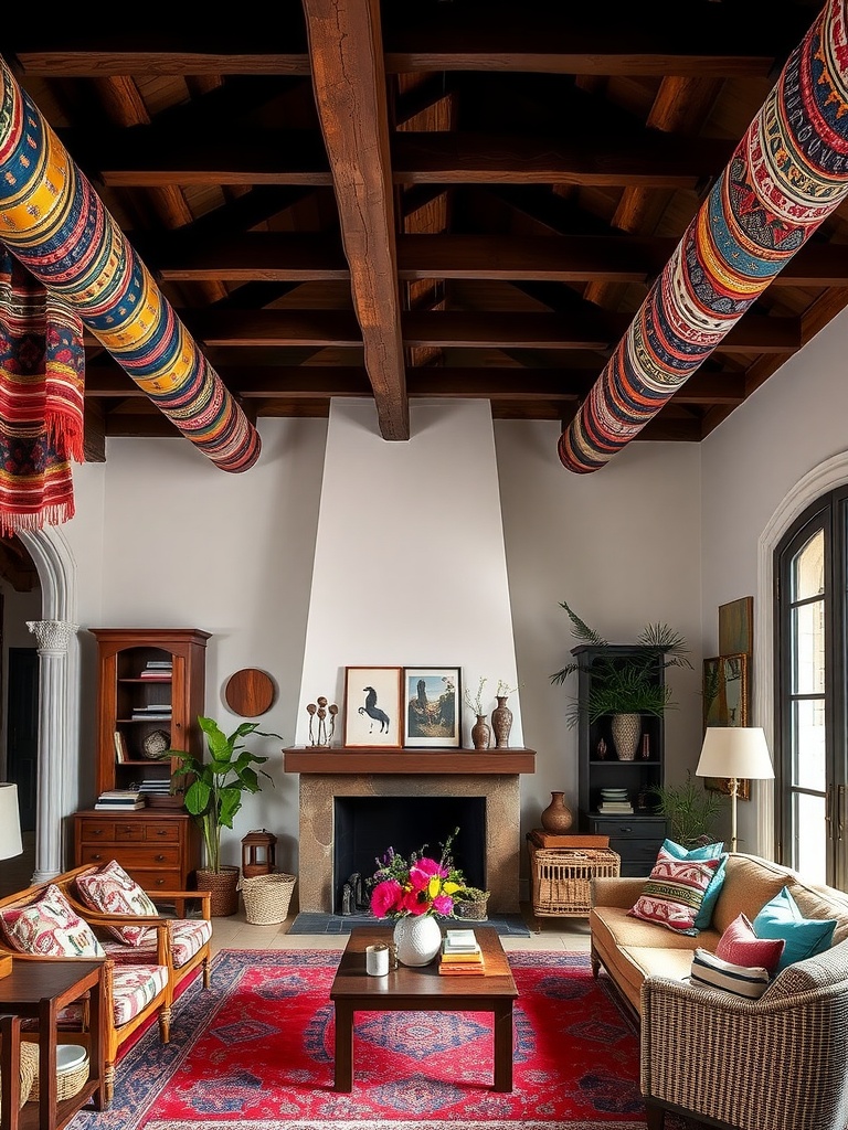 A bohemian living room featuring colorful beam wraps, plush seating, and ethnic decor.