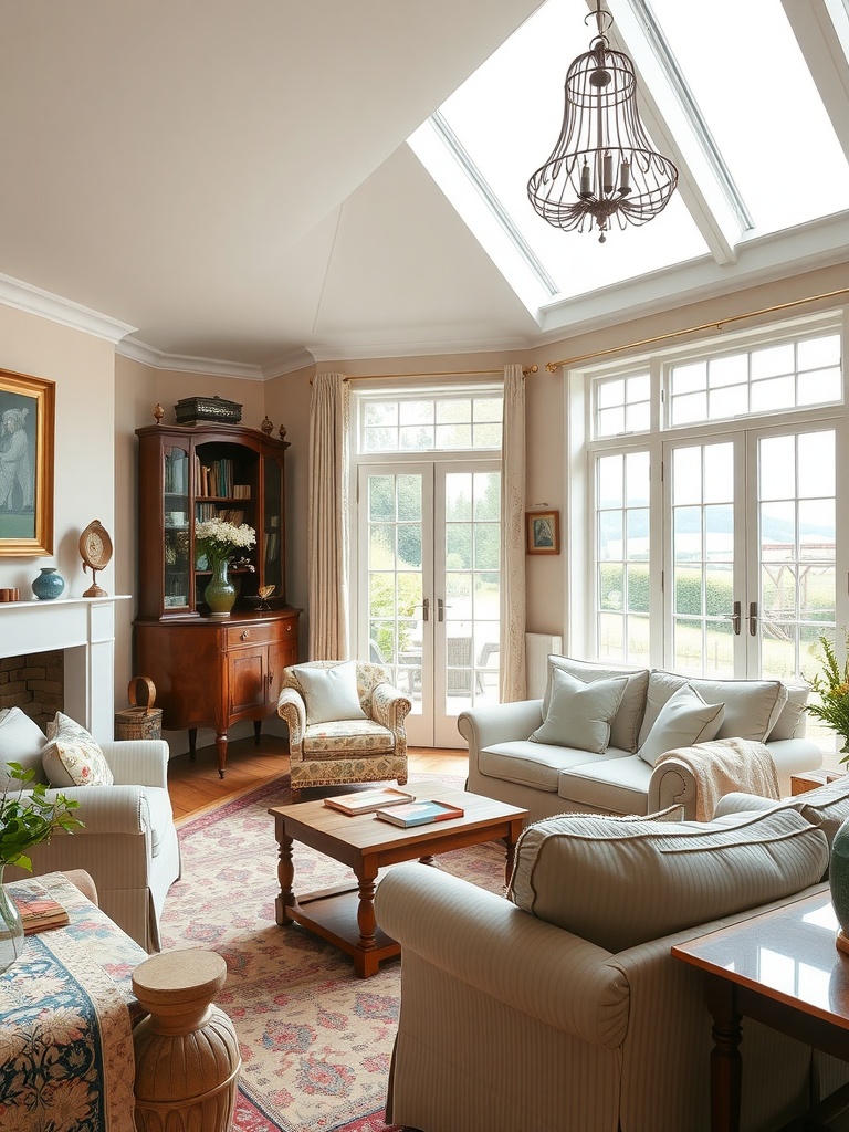 Bright English living room with large windows, light furniture, and plants