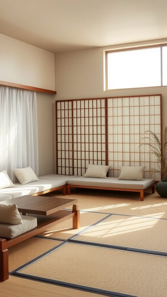 A cozy Japandi living room with low seating, tatami mat flooring, and natural light.