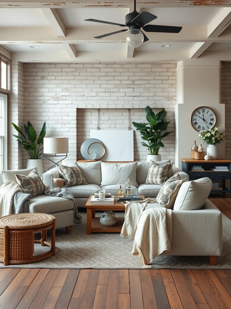 An industrial farmhouse living room featuring a cozy sectional sofa, distressed brick walls, and natural elements.