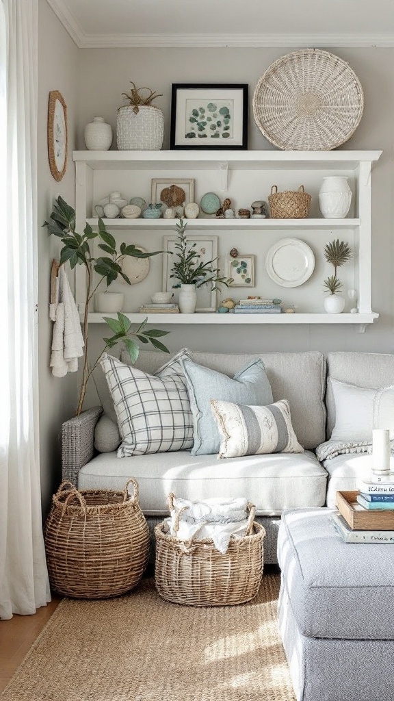 Cozy coastal living room featuring wicker baskets and sea glass collections.