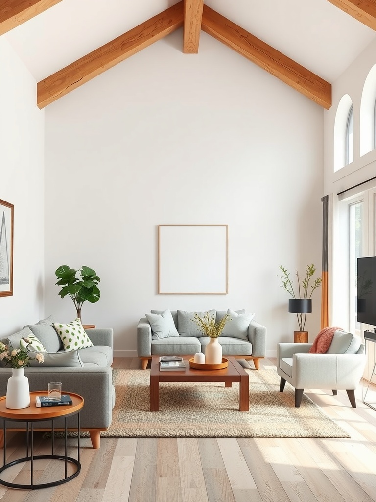 Modern living room with white walls, wooden beams, light gray furniture, and green plants.