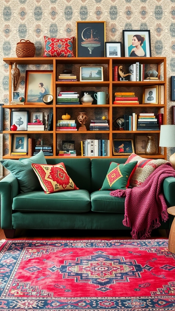 A cozy eclectic living room featuring a green couch, colorful pillows, and a patterned rug.