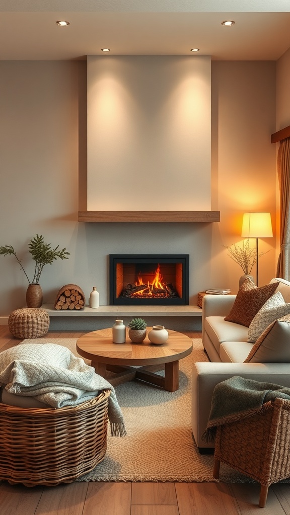 A cozy Japandi living room with a fireplace, wooden accents, and minimalist decor