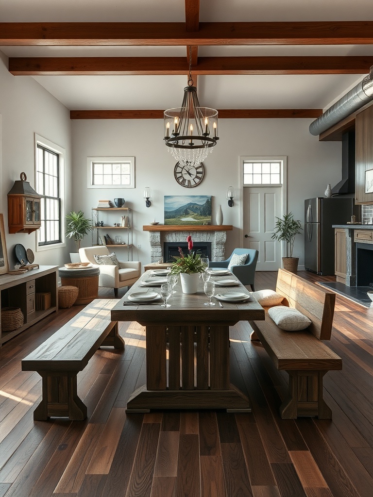 Rustic living room with picnic-style benches around a wooden dining table.