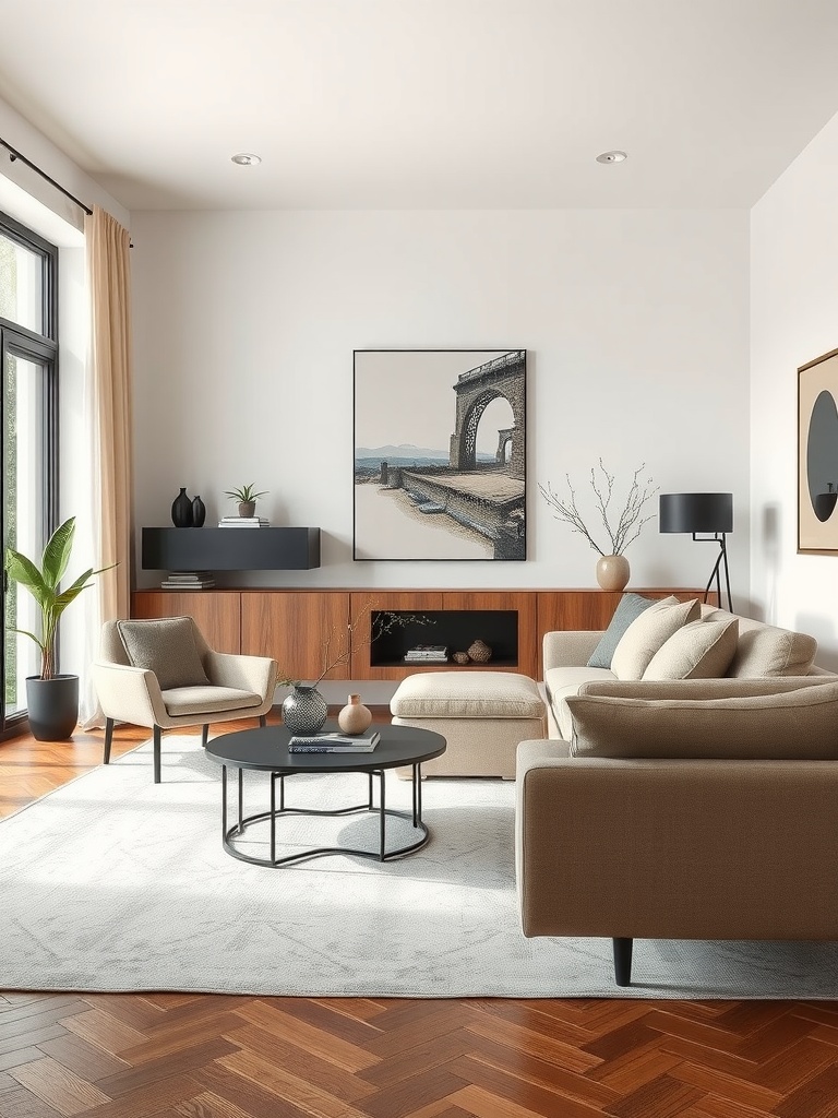 Modern living room with black and bronze accents, featuring neutral furniture and wooden cabinetry.