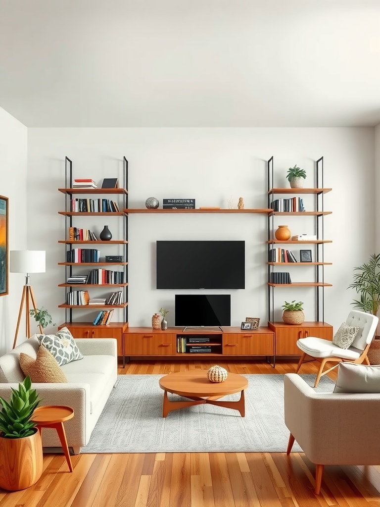 Mid-century modern living room featuring a stylish wall unit with open shelves, a flat-screen TV, comfortable seating, and decorative plants.