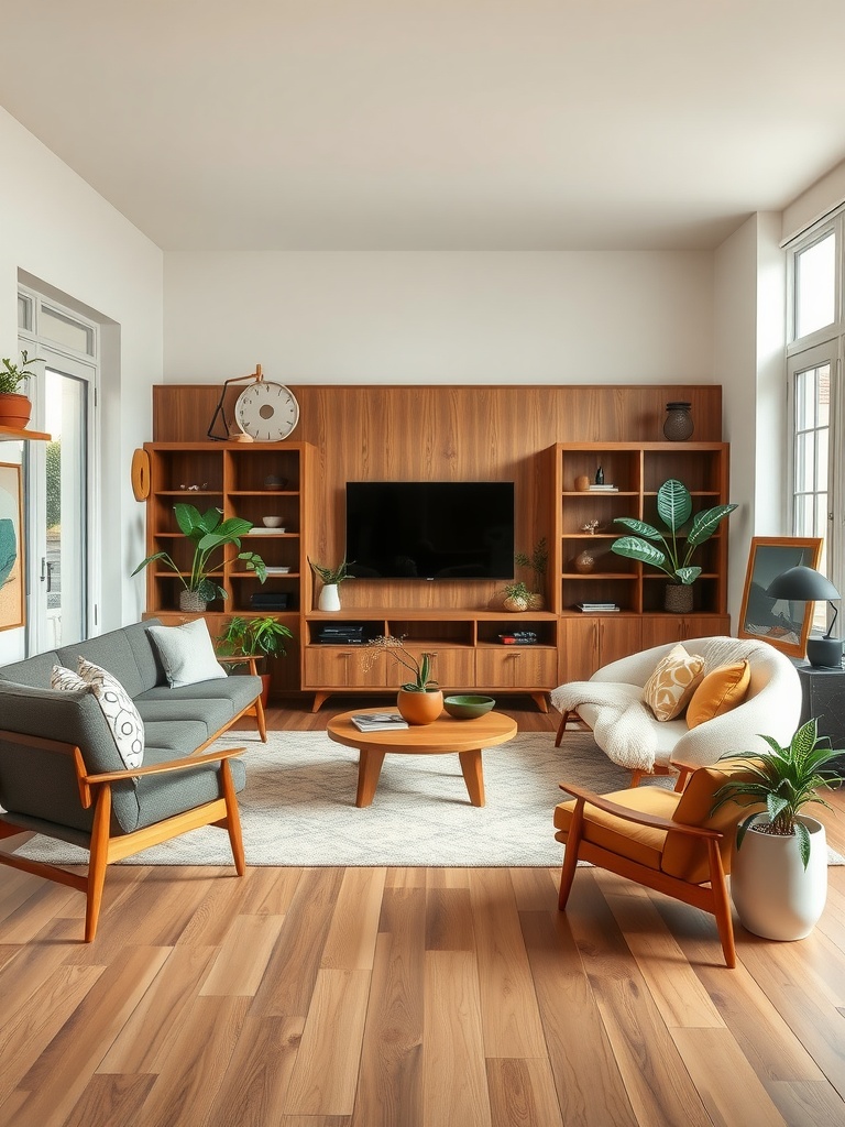 A cozy organic mid-century living room with wooden furniture and plants.