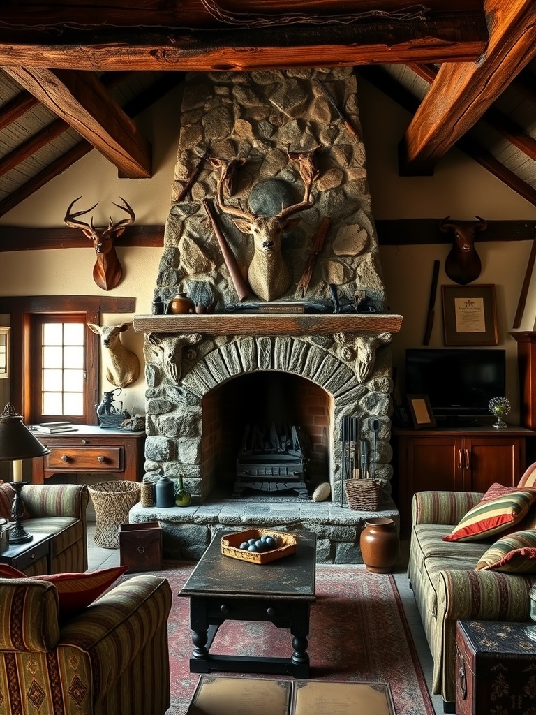 Rustic English living room with a large stone fireplace, wooden beams, and comfortable seating