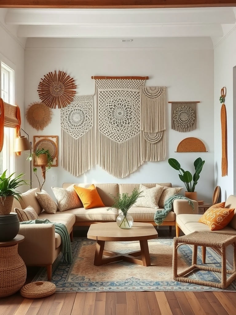 A stylish boho farmhouse living room showcasing woven wall decor, a comfortable sofa, and vibrant cushions.