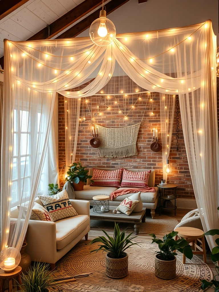 A cozy boho living room with a light canopy created from flowing drapes and fairy lights.