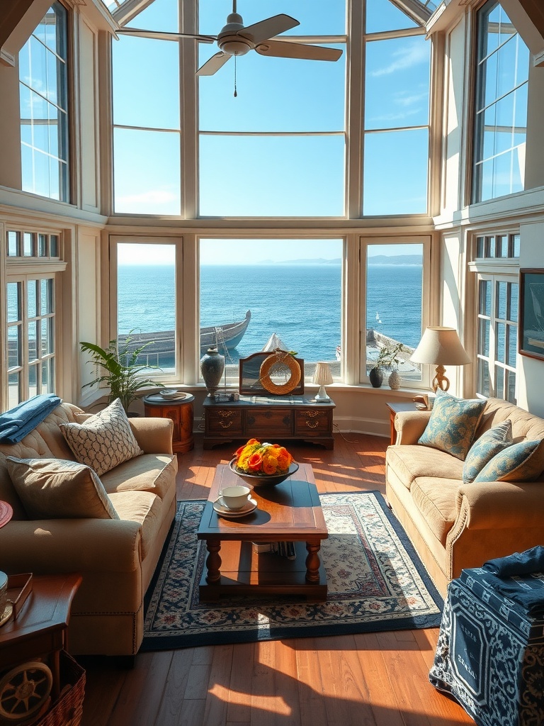 A cozy English living room with large windows overlooking the sea, featuring comfortable sofas, a wooden coffee table, and decorative accents.