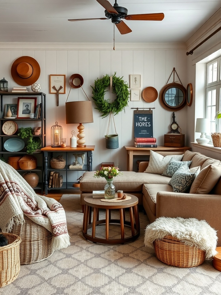 A cozy boho farmhouse living room featuring a sectional sofa, woven baskets, a coffee table, and a gallery wall.