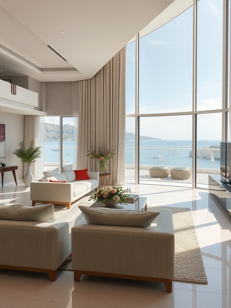 A bright living room with large windows overlooking a waterfront, featuring white and brown furniture with red accents.