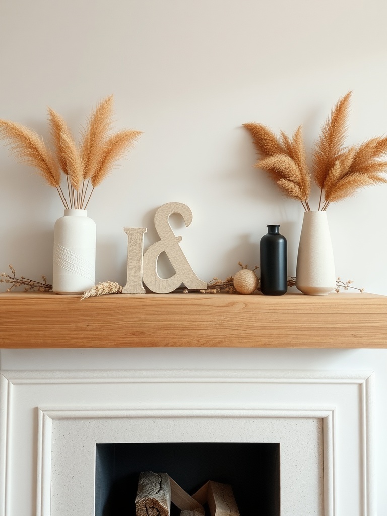 A fireplace mantel adorned with dried foliage, minimalist vases, and a decorative ampersand.