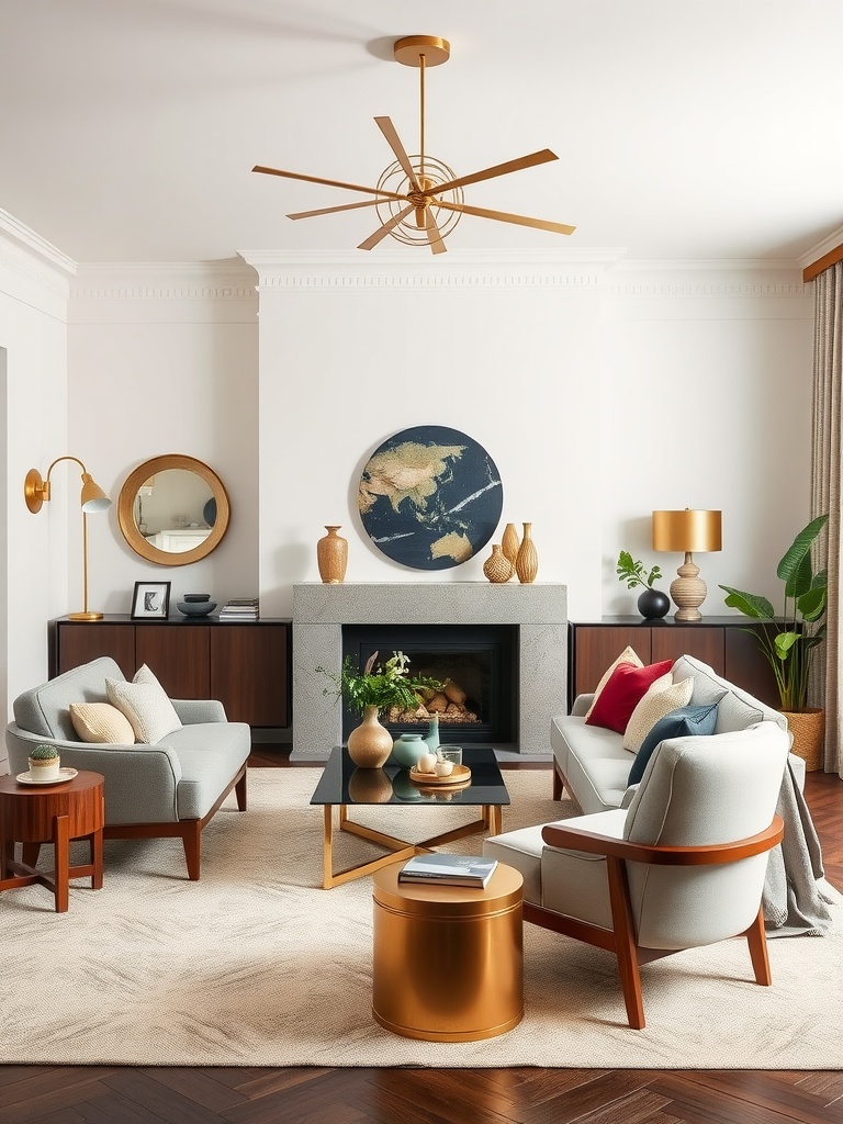 A stylish mid-century modern living room with brass accents, featuring light blue furniture, a cozy fireplace, and decorative plants.